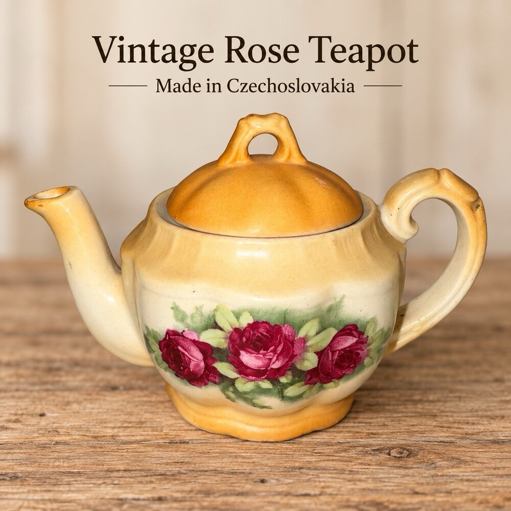 Vintage Czechoslovakia Small Teapot Red Roses Cream Yellow Ceramic With Lid